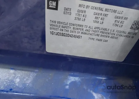 2013 Chevrolet Sonic Lt Auto from USA, damaged, VIN 1G1JC5SG2D4249491